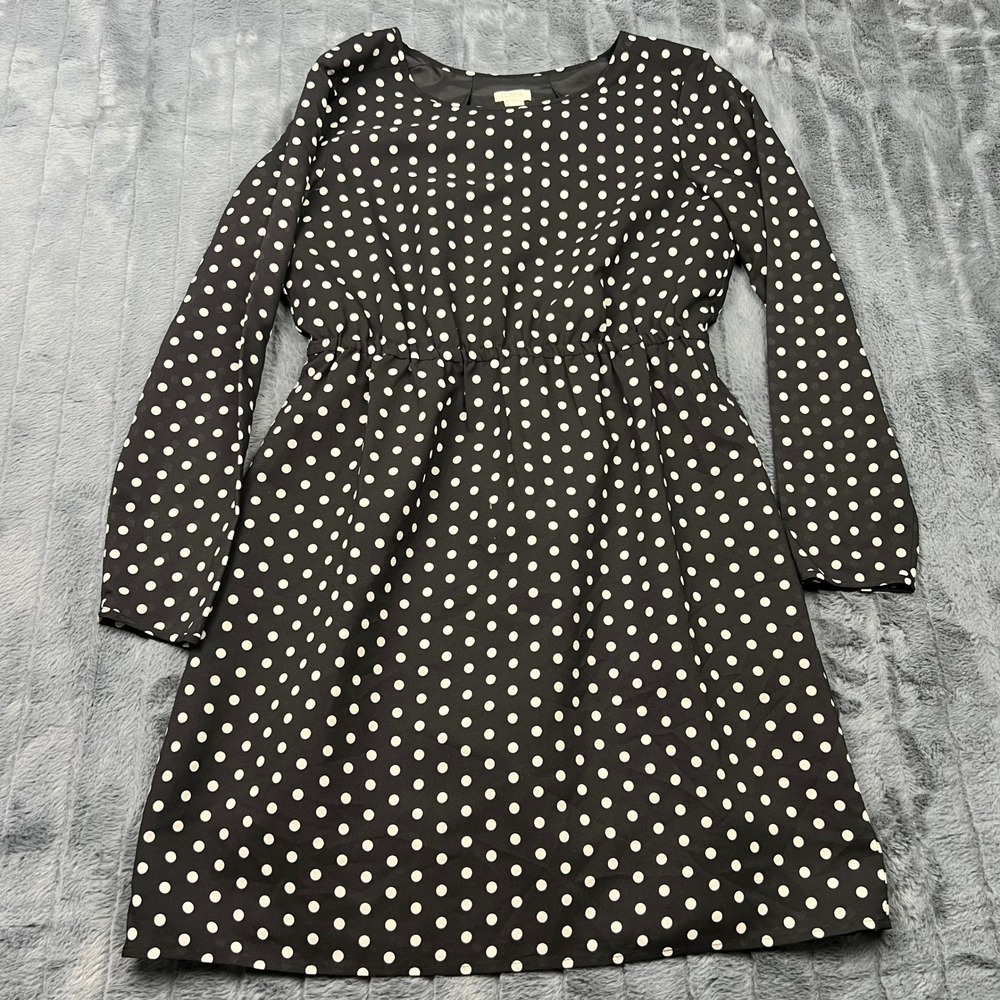 J.Crew Black White Polka Dot Long Sleeve Elastic Waist Dress E3706 Size 6